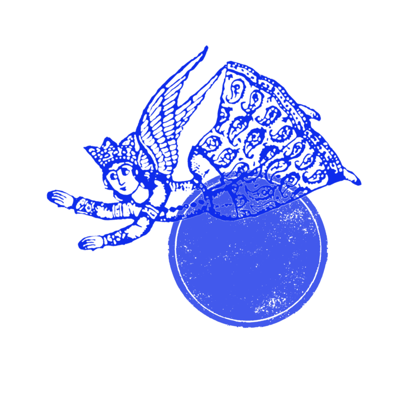 Illustration of a winged figure carrying an ornate cloth, floating above a textured sphere